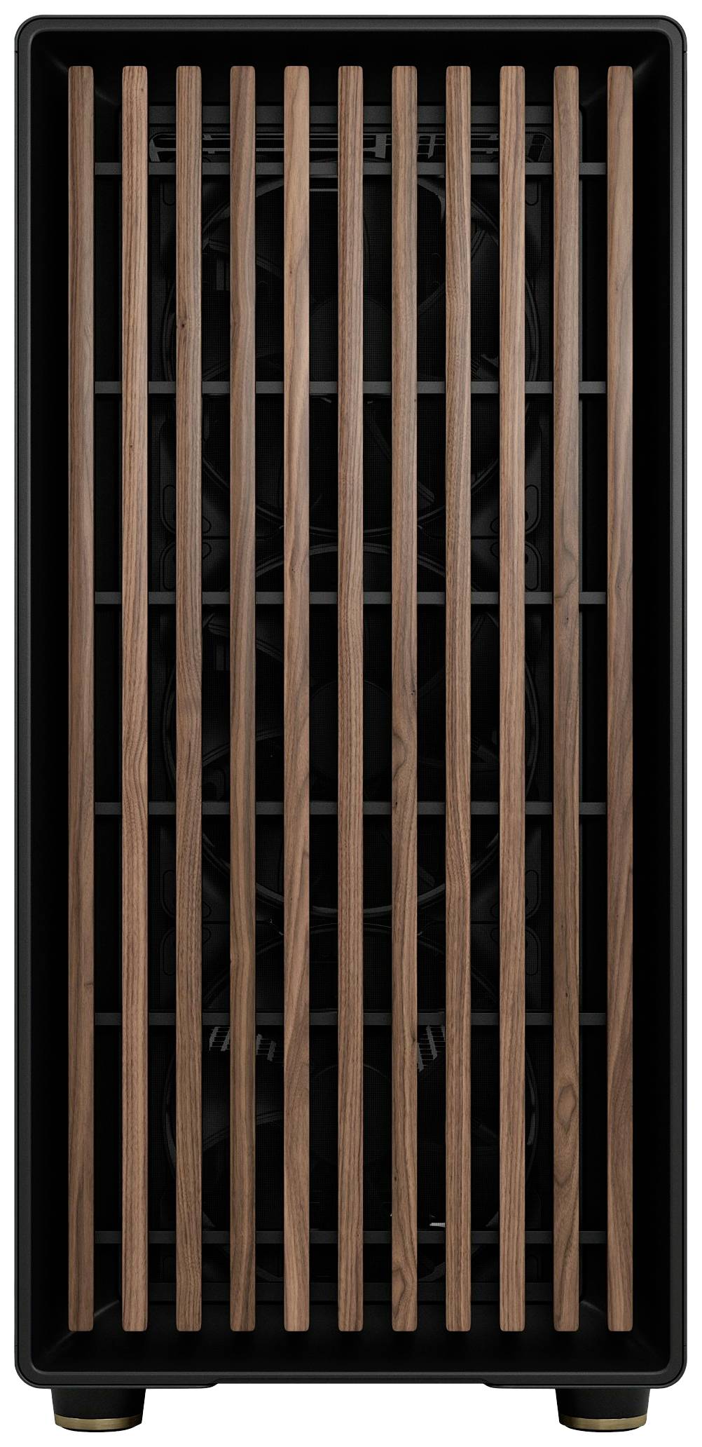 Een modern computerbehuizing met verticale houten lamellen die de voorkant bedekken. Daarachter zijn ventilatoren zichtbaar.