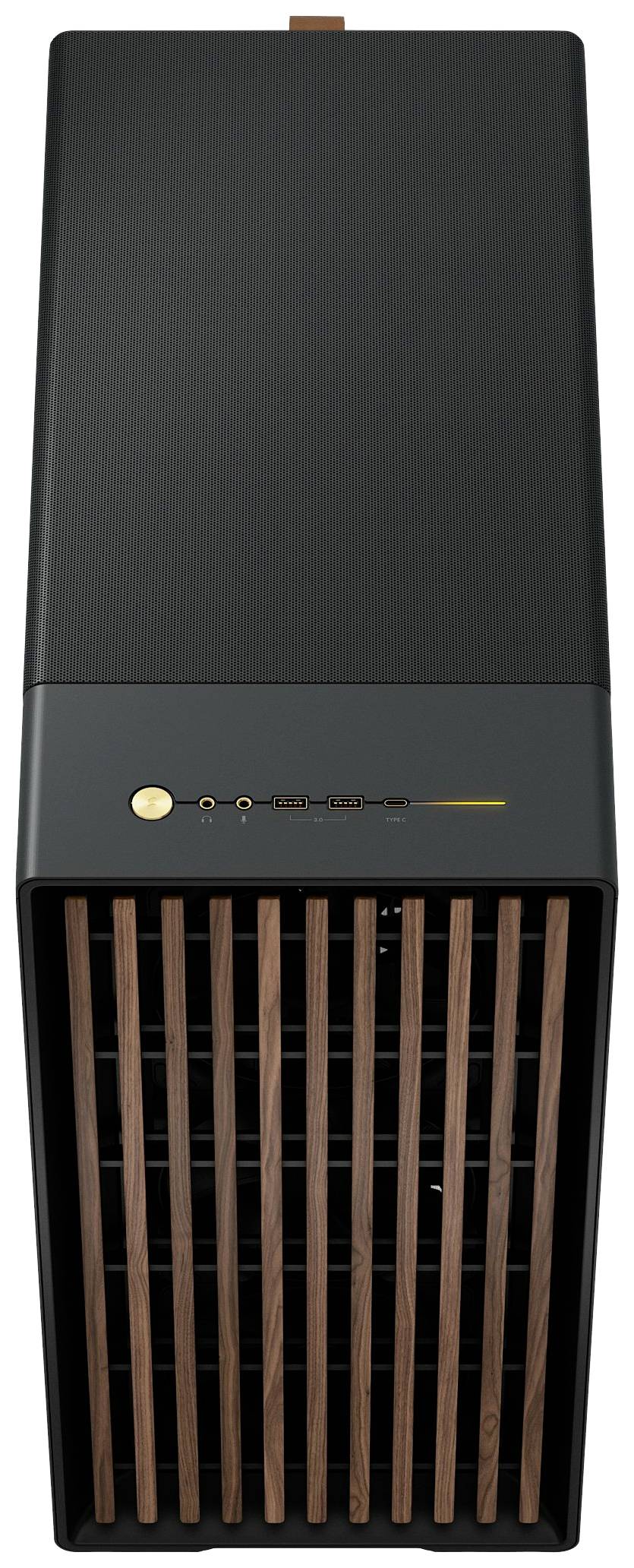 Een zwarte luchtreiniger met houten lamellen aan de voorkant. De bovenste helft toont een logo en een bedieningsknop.