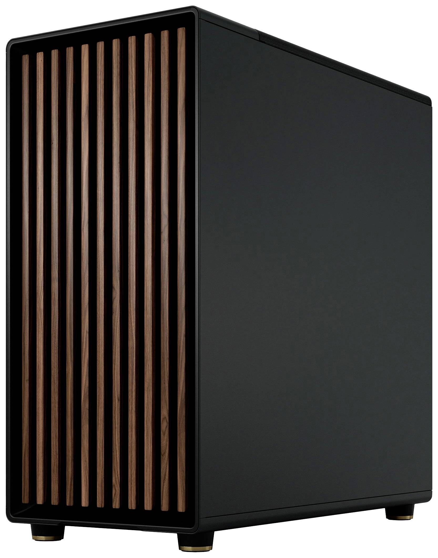 Een zwarte computerbehuizing met verticale ventilatiesleufjes van hout aan de voorkant. Minimalistisch design.