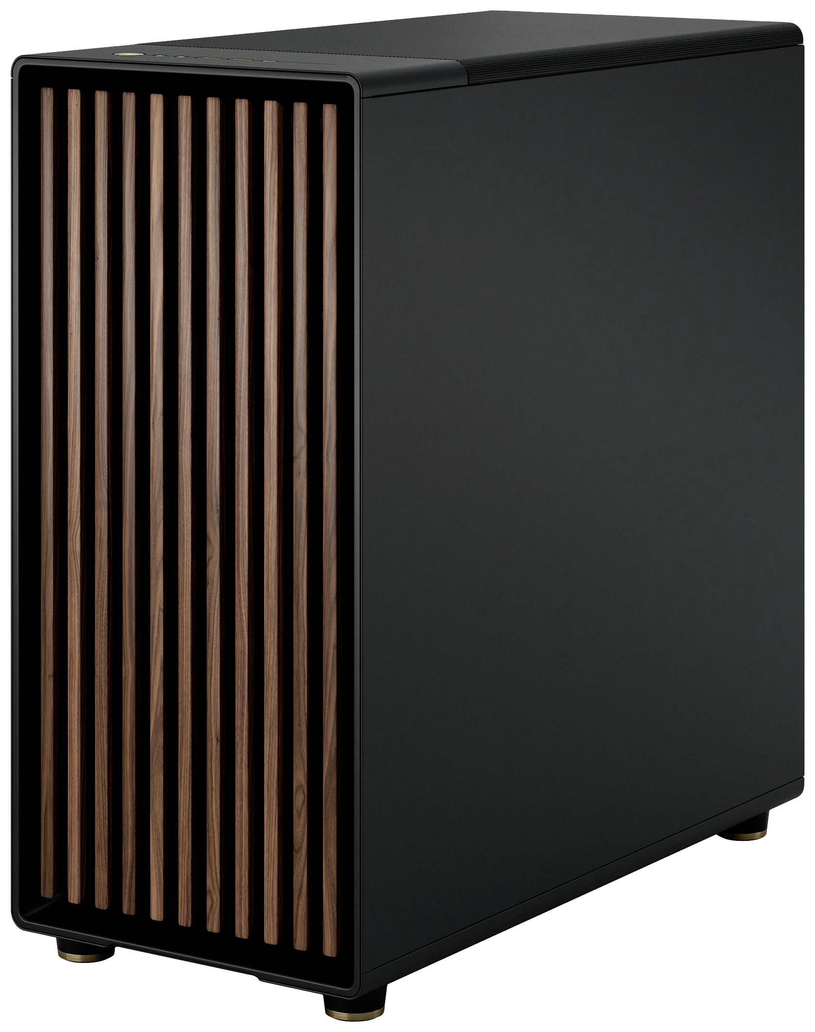 Een zwarte computerbehuizing met verticale houten stroken aan de voorkant, die een minimalistisch modern design presenteert.