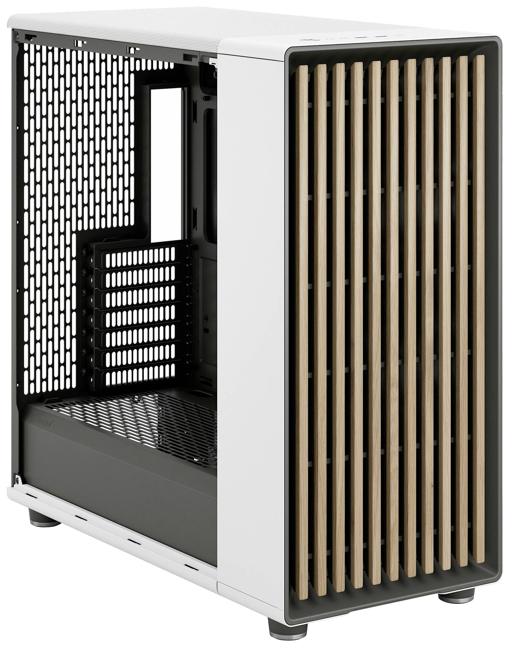 Metalen computerbehuizing met een modern, luchtig ontwerp en een opvallende houten roostervoorkant. Geschikt voor pc-componenten.