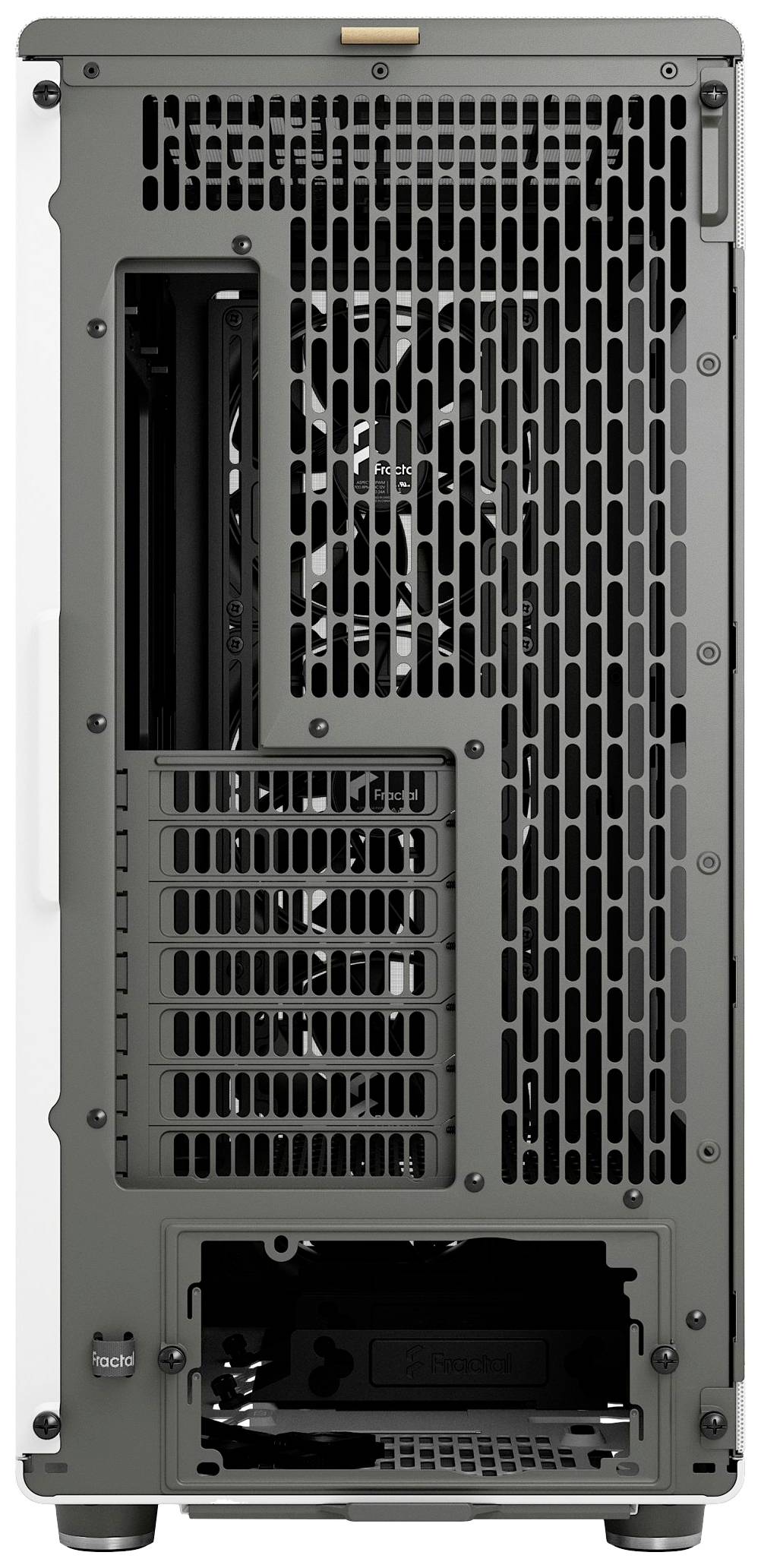 Achterkant van een computerbehuizing met ventilatierooster, meerdere uitbreidingssleuven en onderaan de voedingsaansluiting.