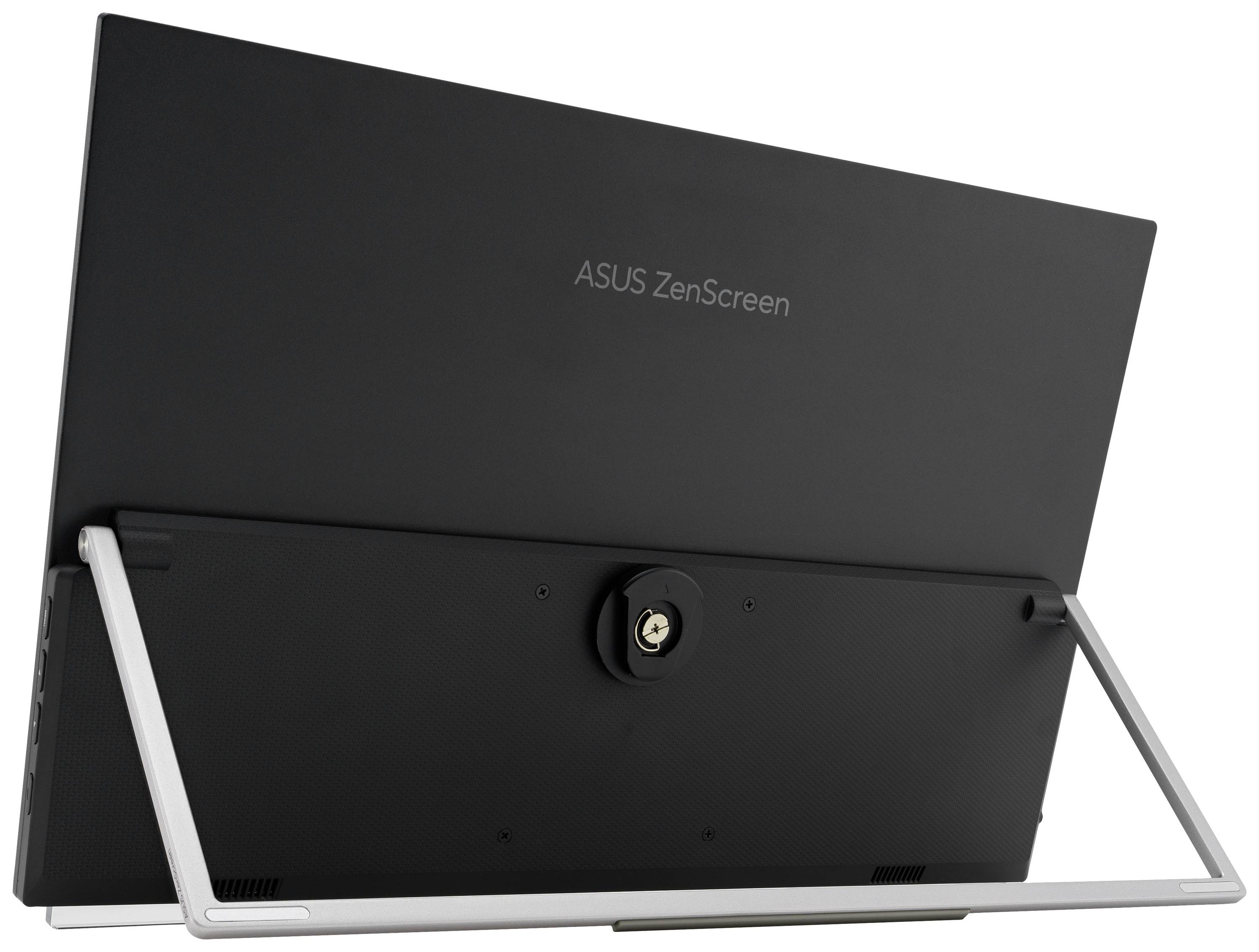 Achteraanzicht van een ASUS ZenScreen-monitor met een zilveren standaard.