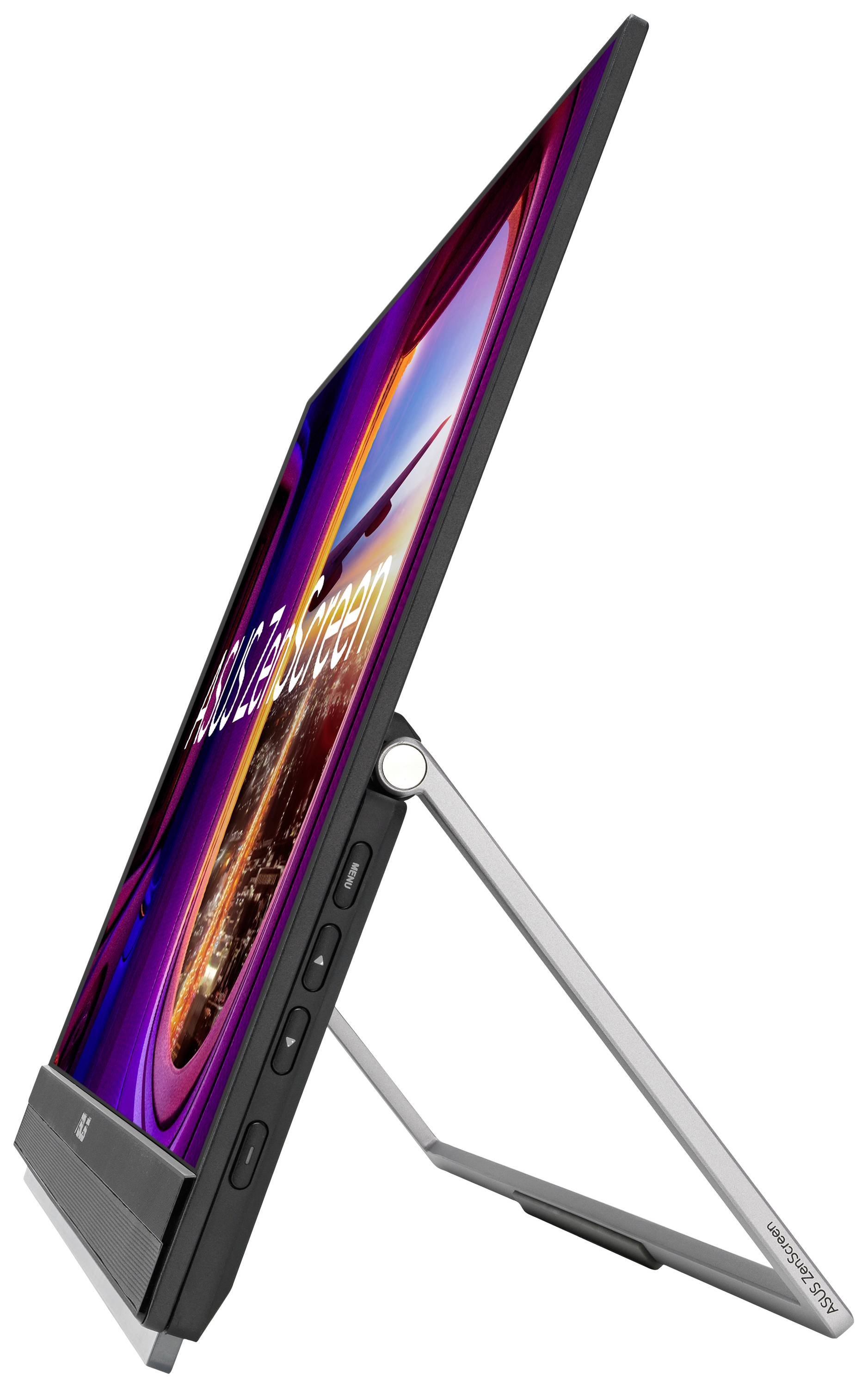 Een zijdelings geplaatst, zwart computerscherm met een smal frame, geïntegreerde standaard en verschillende bedieningsknoppen aan de zijkant.