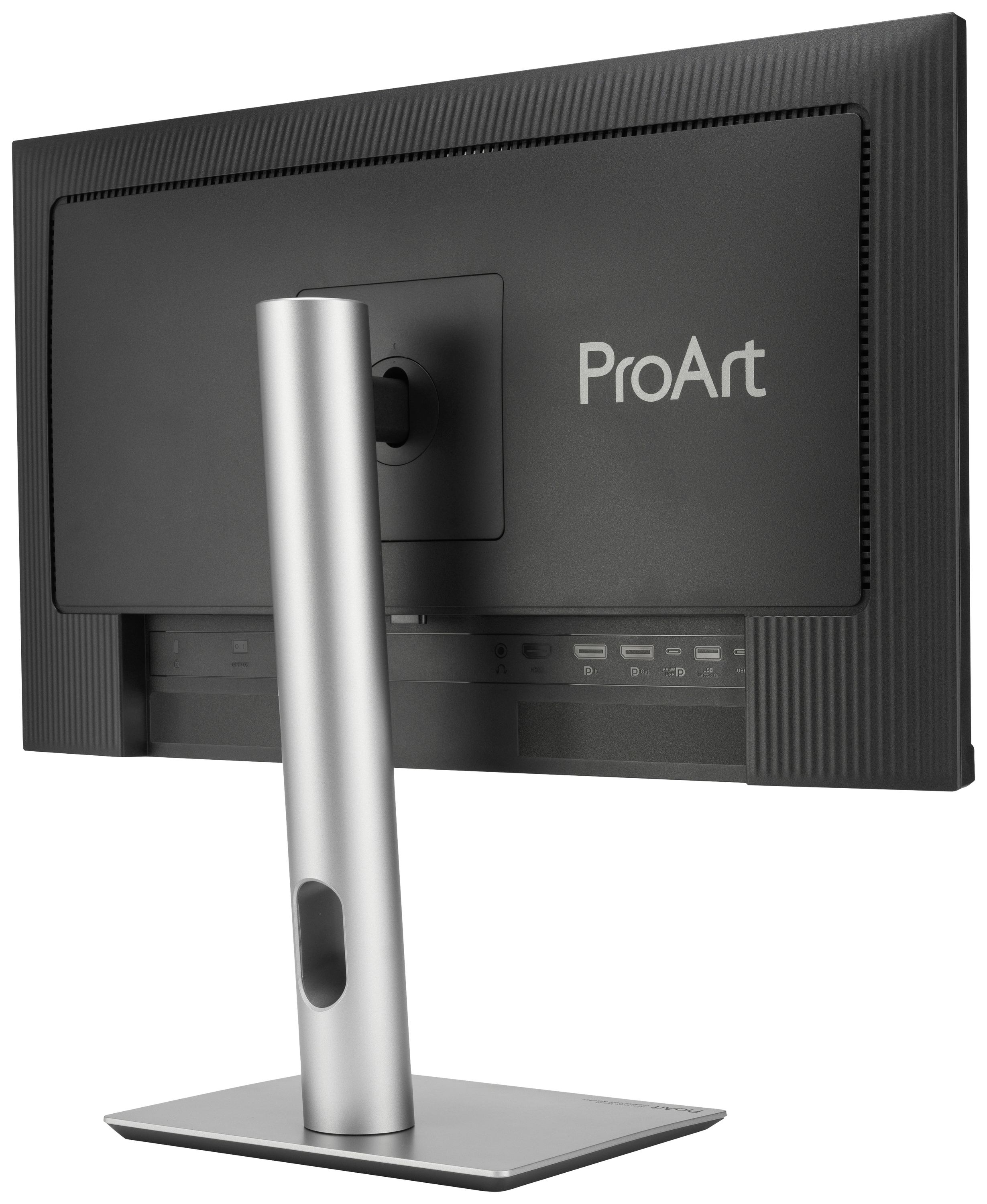 Achterkant van een ProArt-computermonitor met een zilveren standaard. Verschillende aansluitingsmogelijkheden zijn zichtbaar.