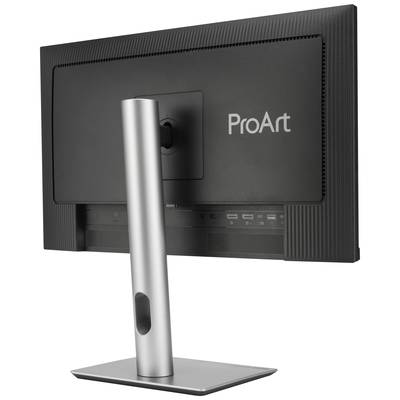 Achterkant van een ProArt-computermonitor met een zilveren standaard. Verschillende aansluitingsmogelijkheden zijn zichtbaar.