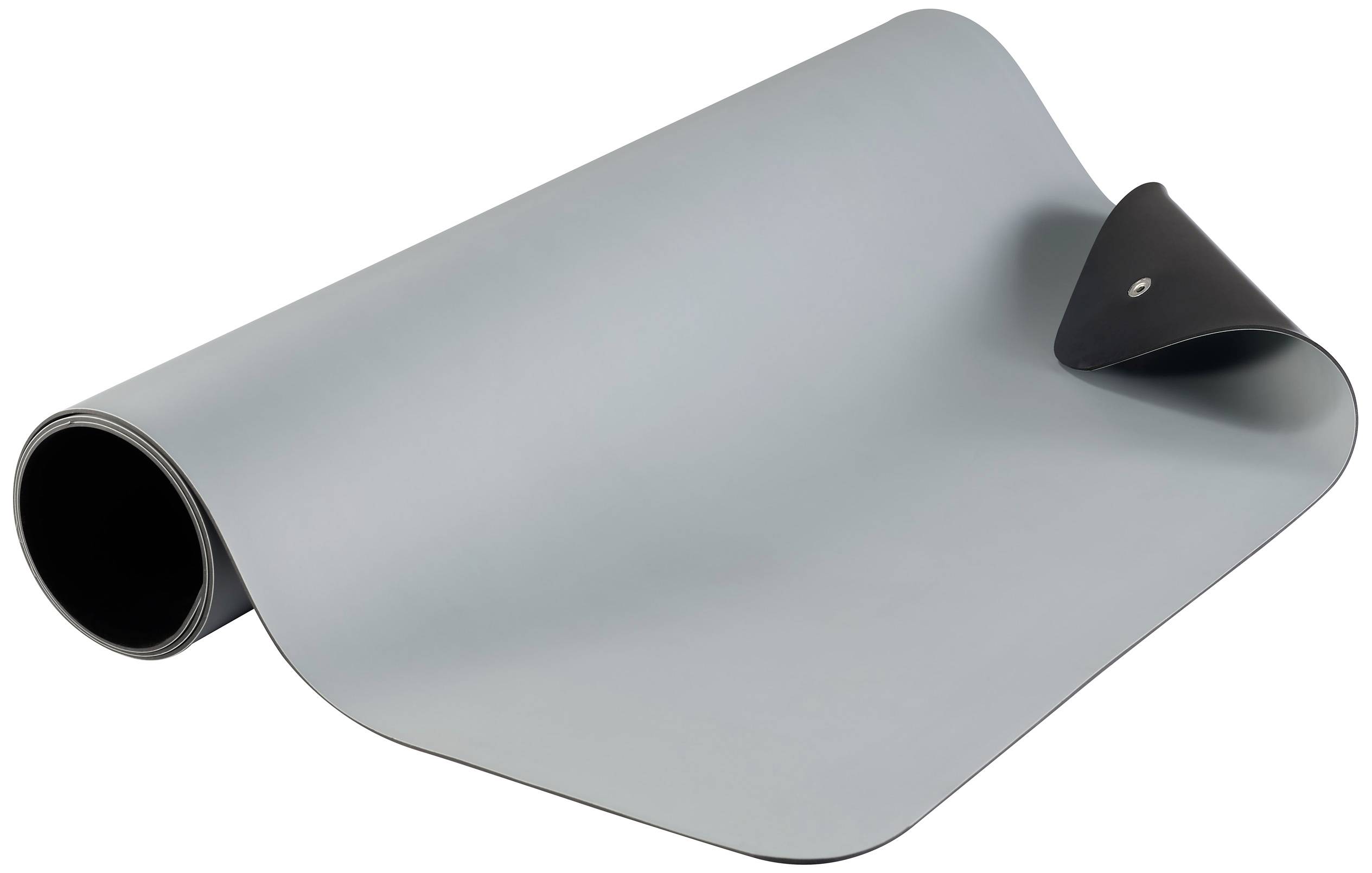 Grijze yogamat, gedeeltelijk opgerold, met zwarte rand, ligt op witte achtergrond. Ideaal voor fitness en ontspanning.