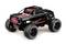 Speelgoed-RC-truck in zwart en rood met grote banden, gezien van achteren. Modelnaam 'Off-Road 4x4' op de achterkant.