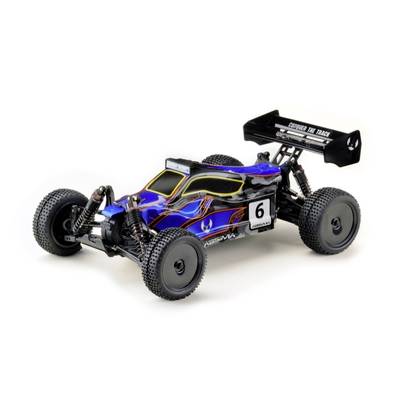 Afstandsbediende auto in buggy-design met blauwe, zwarte en rode lak, geel omrande ramen en het nummer 6 aan de zijkant.