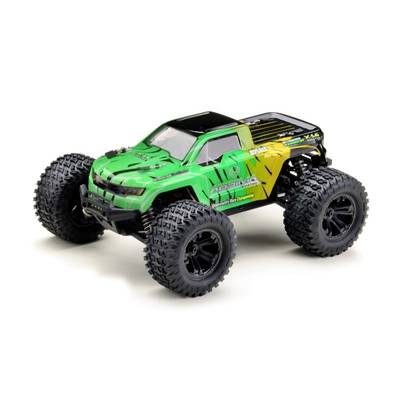 Een afstandsbediend autootje met een groen-gele carrosserie, grote banden en een robuust ontwerp.