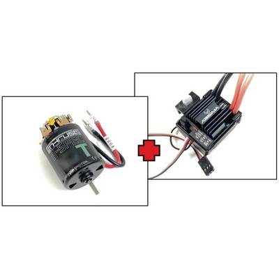Elektromotor en elektronische besturingseenheid met kabels, naast elkaar weergegeven, verbonden door een rood plustekenΒ.