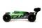 Een op afstand bestuurbare auto in zijaanzicht, met een groen en zwart design en zichtbare details zoals een spoiler en racingbanden.