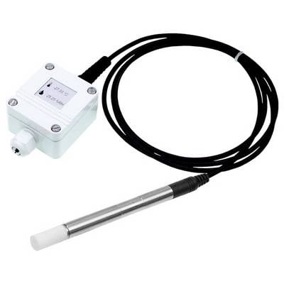 Een digitale vochtigheids- en temperatuursensor met een displayscherm en een verbonden metalen probe, ontworpen voor omgevingsbewaking.