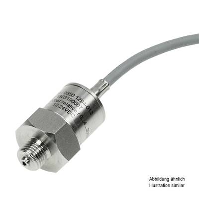 Een zilveren, cilindrische sensor met aansluitconnector en kabel, geschikt voor drukmeting. Tekst: 'Afbeelding gelijkend, Illustratie vergelijkbaar'.