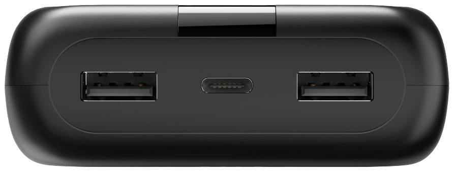 Zwart oplaadapparaat met twee USB-poorten en een USB-C-poort in het midden.
