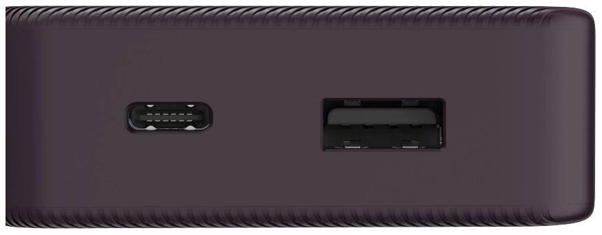 Een donkerrode elektronische apparaatoppervlakte met twee aansluitingen: een USB-C-aansluiting links en een USB-A-aansluiting rechts.