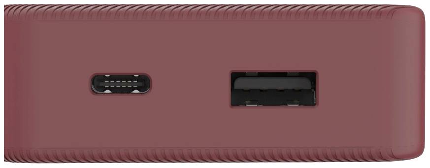 Een rode draagbare powerbank met twee aansluitingen: USB-C links en USB-A rechts, voor het opladen van mobiele apparaten.