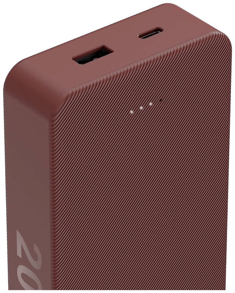 Rode powerbank met een USB- en een USB-C-aansluiting, inclusief vier led-indicatoren die de oplaadstatus weergeven.