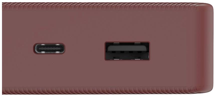 Een rood elektronisch apparaat met USB-C en USB-A aansluitingen.