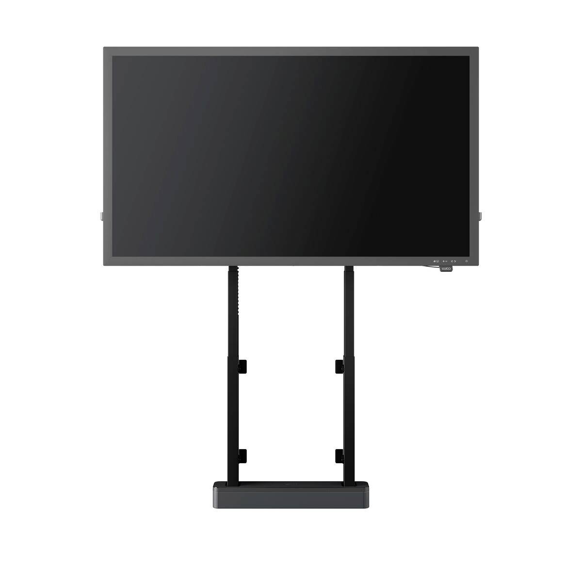 Een zwart flatscreen-scherm op een in hoogte verstelbare standaard, voor een witte achtergrond.