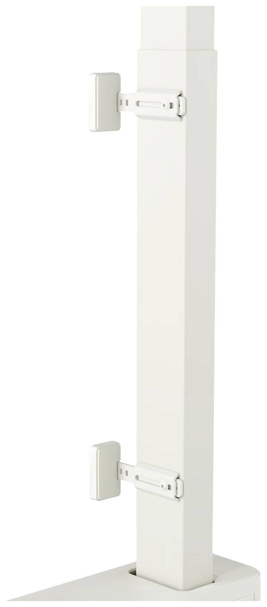 Een witte metalen paal met twee scharnieren, bevestigd op een driehoekige basis. Ideaal voor modulaire bouwtoepassingen.