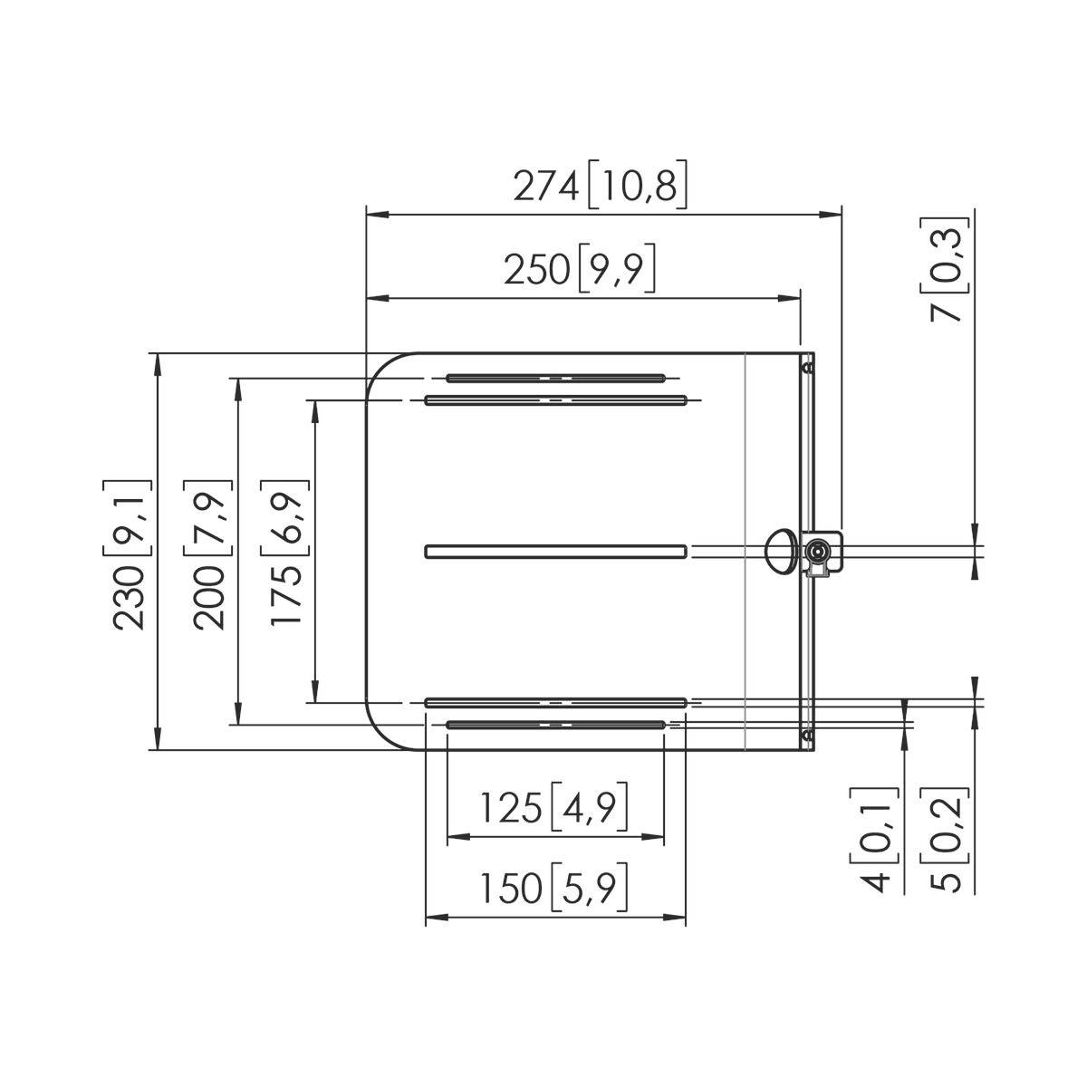 Technische tekening van een cilindrisch object met gedetailleerde afmetingen in millimeters en inches. Hoofdafmetingen: hoogte 230, breedte 274.