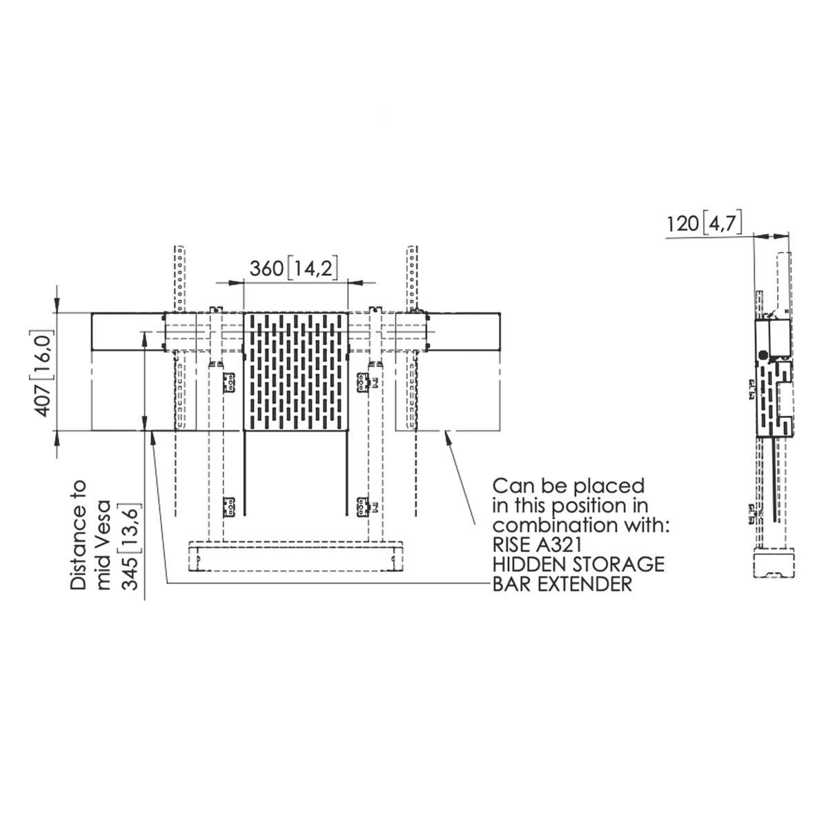 Technische tekening van een verborgen opbergstang met afmetingen in millimeters. Toont positionering, constructie en bevestigingsmogelijkheden.