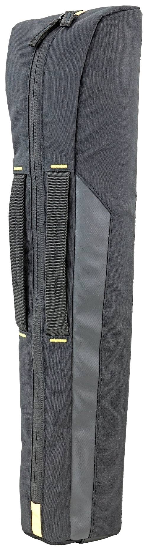 Zwarte, gewatteerde beschermhoes voor een muziekinstrument, zijdelings getoond met draaggrepen en rits.