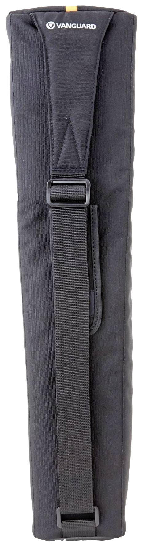 Zwarte beschermhoes voor een statief, verticaal uitgelijnd, met een draagriem en het 'Vanguard'-logo bovenaan.