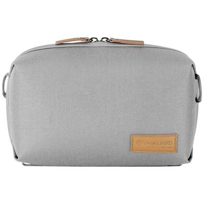 Grijze tas met ritssluiting en bruine leren label 'Vanguard'.