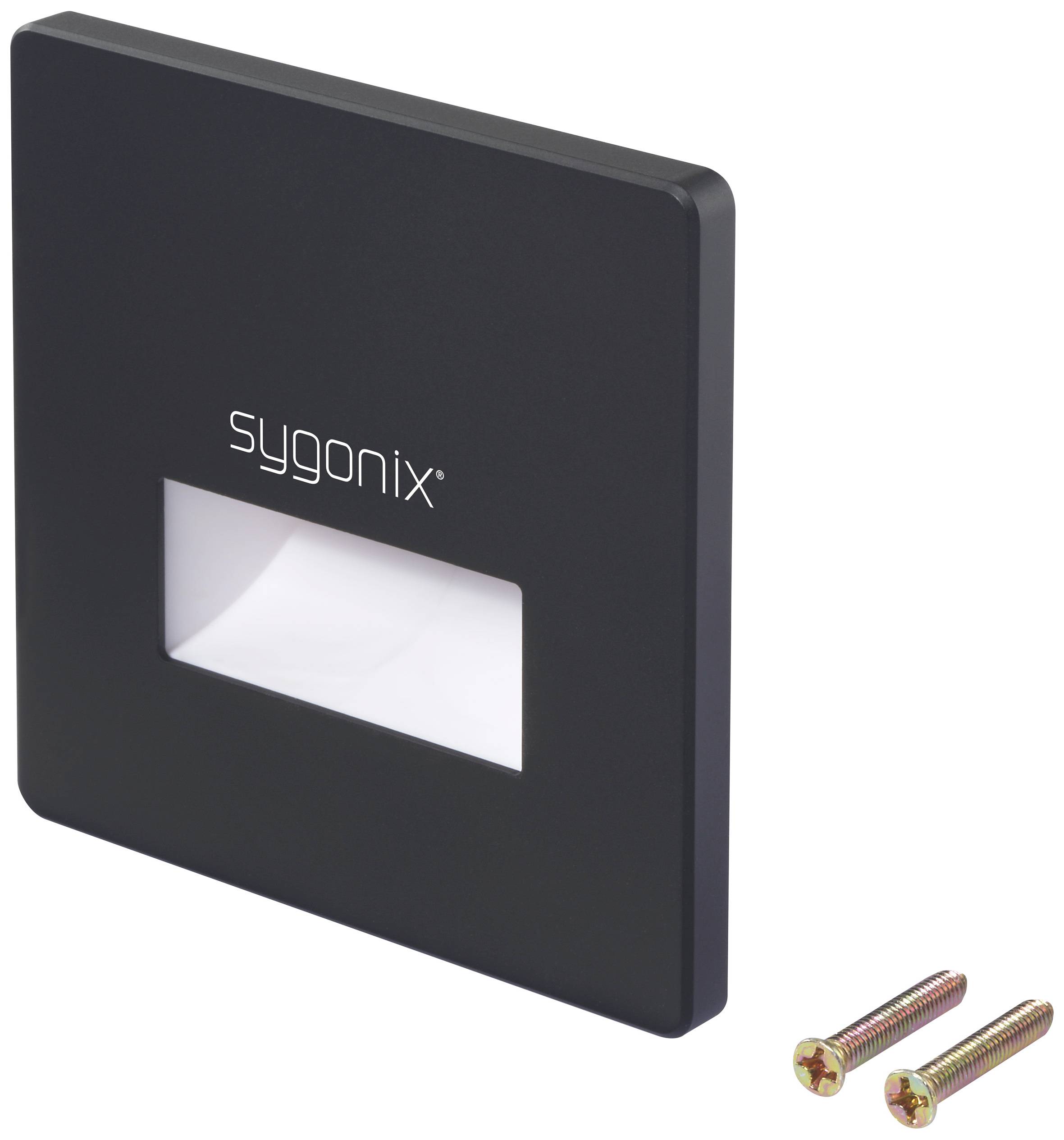 Zwarte vierkante afdekking met merknaam 'sygonix', rechthoekige uitsparing in het midden, vergezeld van twee schroeven.
