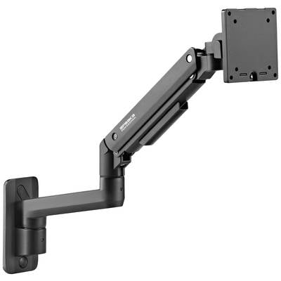 Zwarte monitorarm voor wandmontage, flexibel verstelbaar, geschikt voor verschillende beeldschermformaten.