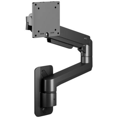 Metalen monitorarm, zwart, met meerdere scharnieren voor flexibele positionering. Gemonteerd aan een wandsteun, zonder monitor.