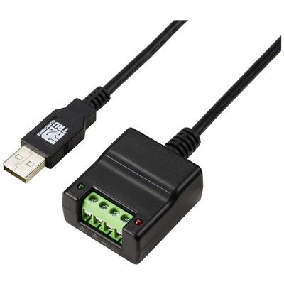 USB-kabel met RJ-interface, geschikt voor het aansluiten van apparaten met schroefklemmen, toont USB- en aansluitingsuiteinde.