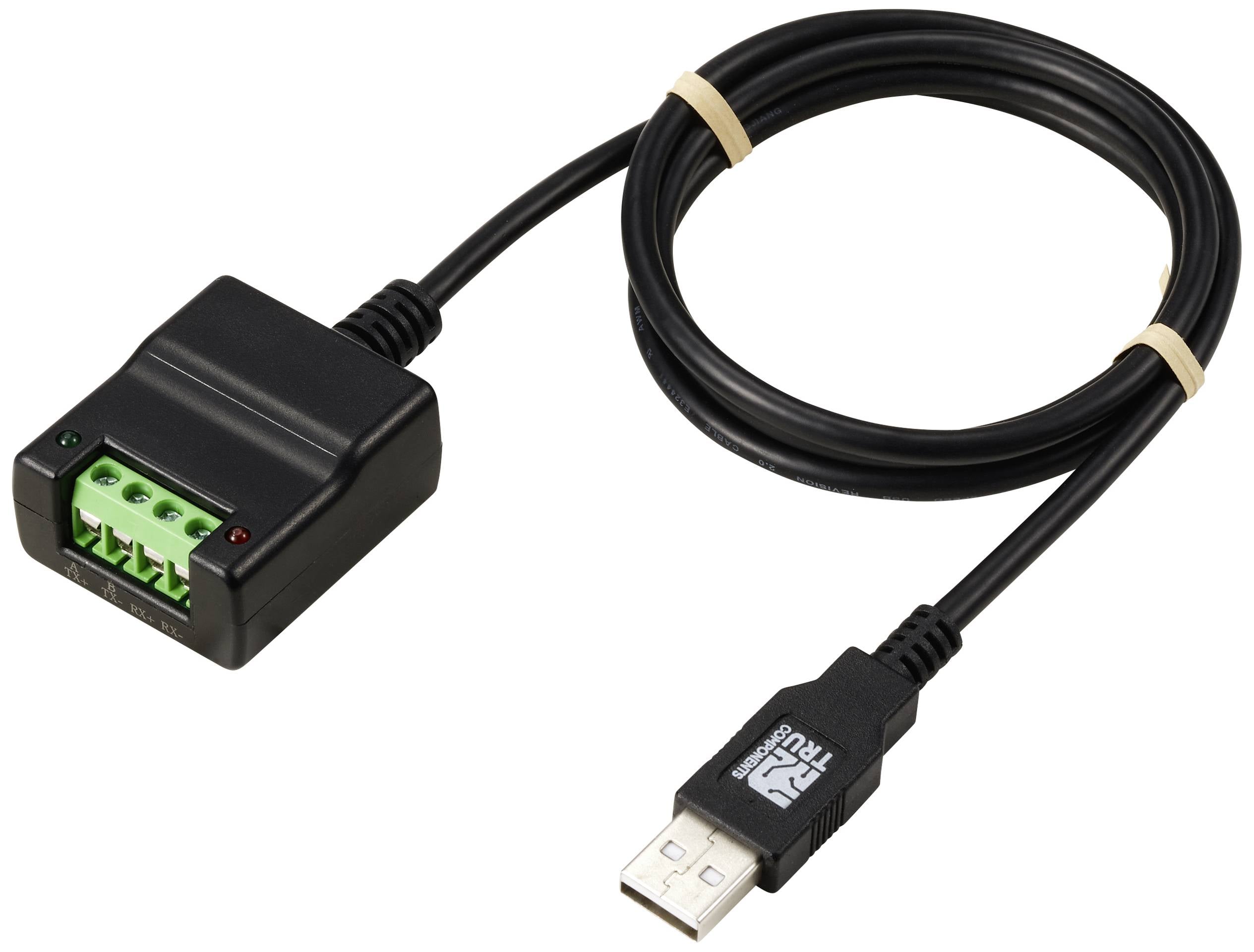USB-kabel met zwarte adapter die vier groene schroefklemmen voor elektrische verbindingen bevat.