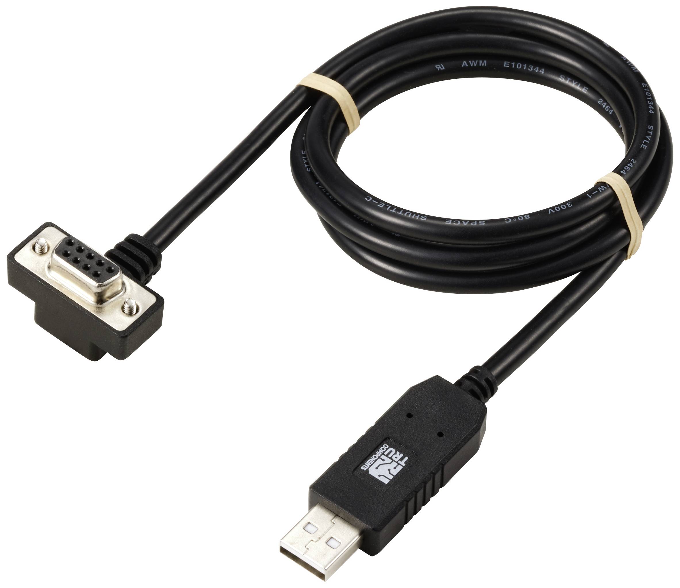 'Een USB-naar-serieel adapterkabel met een USB-stekker aan de ene kant en een 9-polige seriële aansluiting aan de andere kant.'