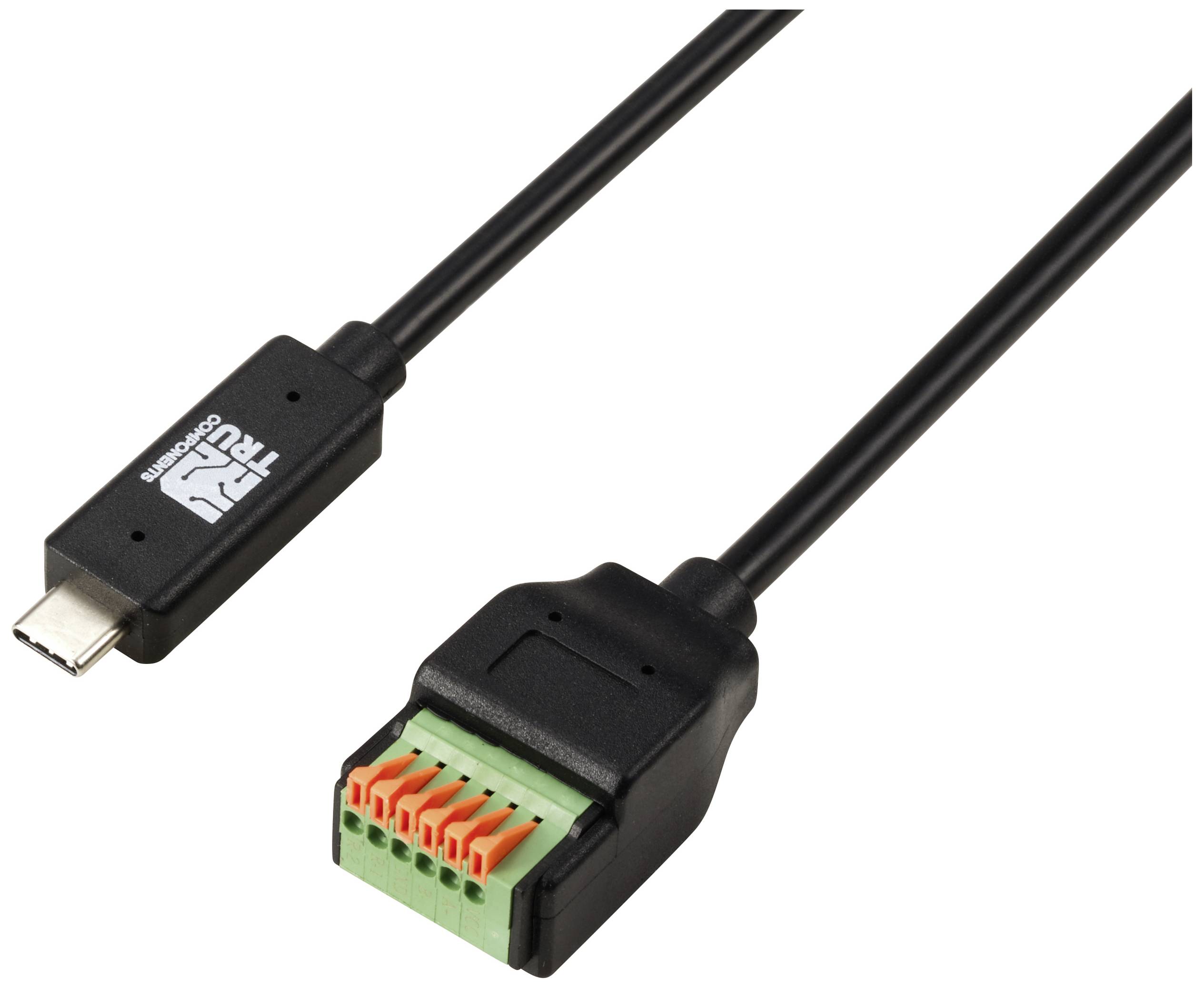 'USB-C naar terminalblok adapterkabel' toont links een USB-C-stekker en rechts een terminalblok met kleurgecodeerde aansluitingen.