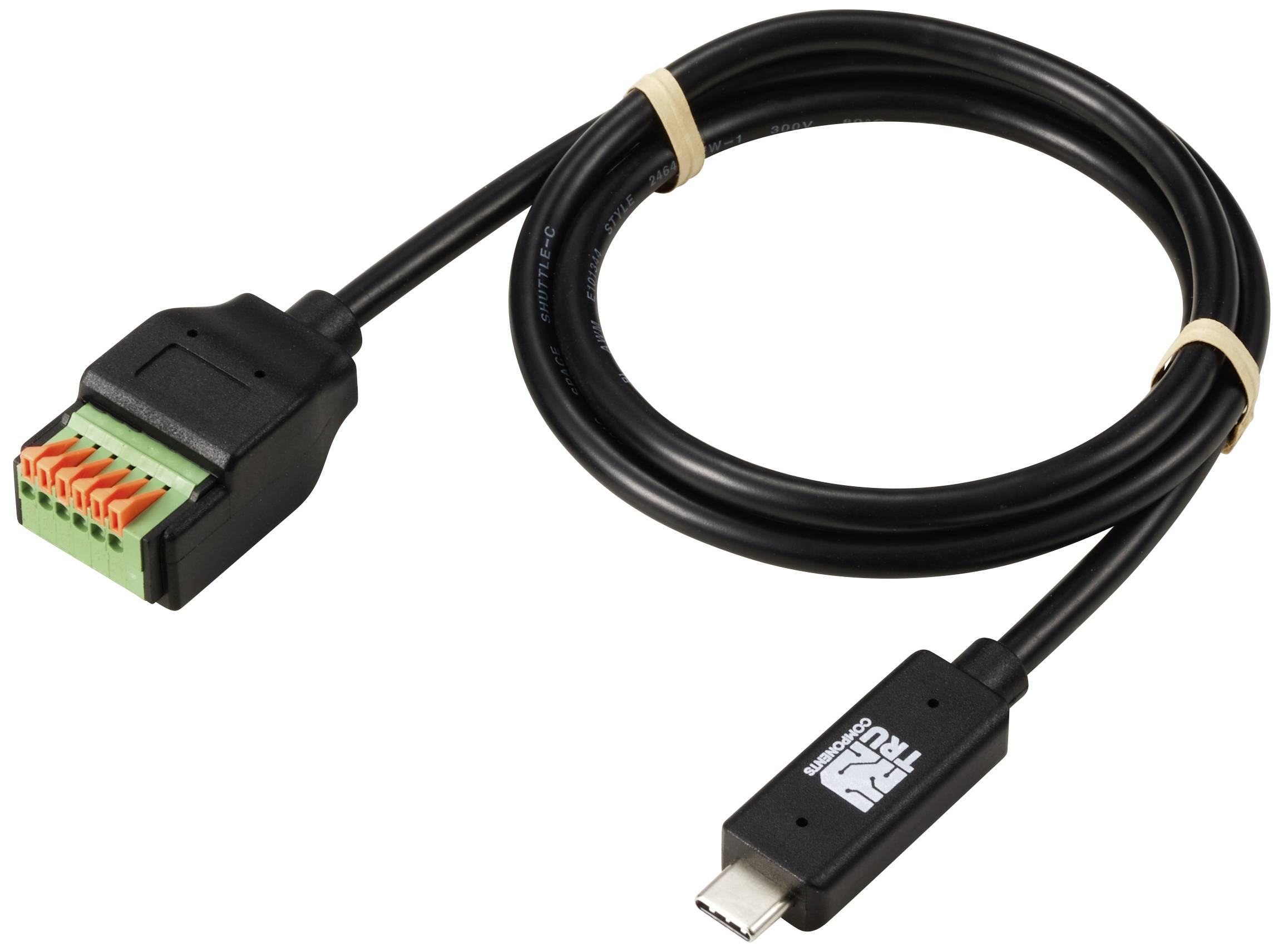 Zwart kabel met USB-C-stekker aan de ene kant en een groene connector met gekleurde klemmen aan de andere kant.
