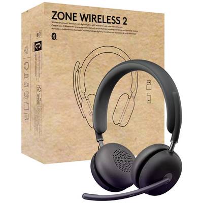 Draadloze headset 'Zone Wireless 2' met actieve ruisonderdrukking en Bluetooth-connectiviteit. Verpakking op de achtergrond.