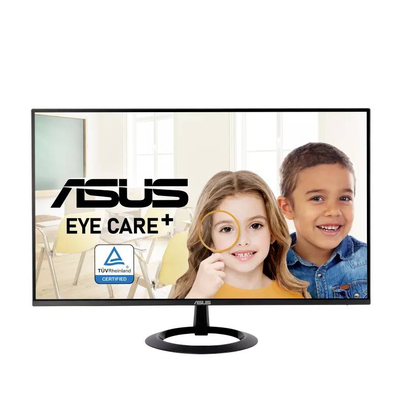 Een ASUS-monitor met TÜV-certificering en Eye Care+-functie, toont twee lachende kinderen in een lichte kamer.