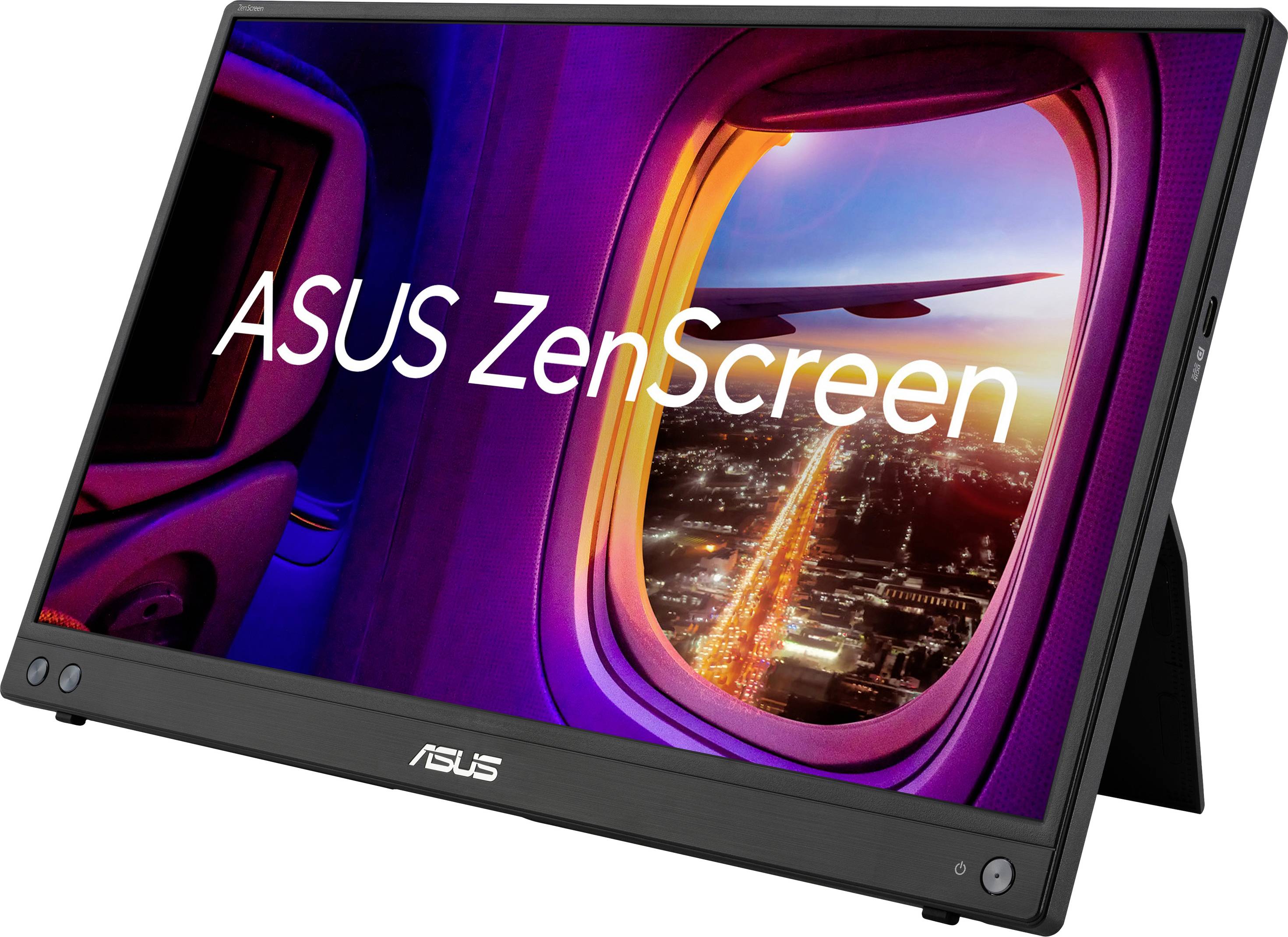 Draagbare ASUS ZenScreen-monitor met een beeld dat een raamzicht vanuit een vliegtuig op een verlichte stadslandschap toont.