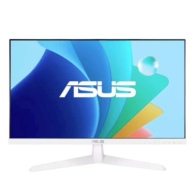 Een ASUS-monitor met een modern, dun frame vertoont een kleurrijk, abstract achtergrondbeeld. Merklogo op het scherm.