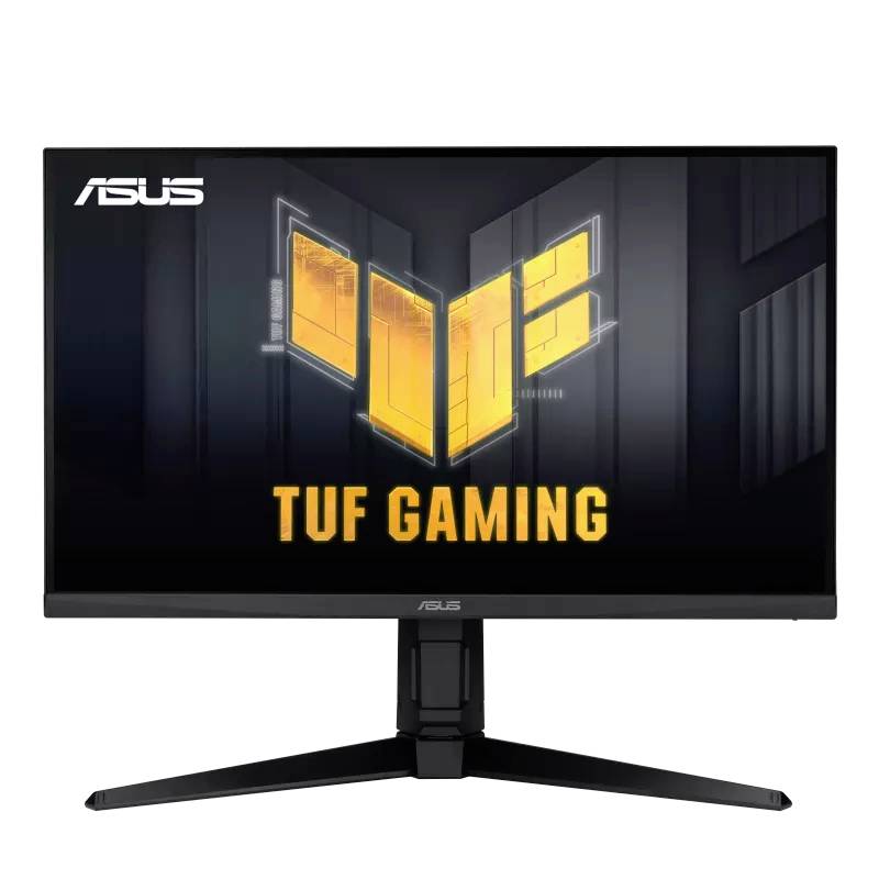 Een ASUS TUF Gaming Monitor met verlicht logo op het scherm, zwarte rand en een stevige standaard, geschikt voor gamers.