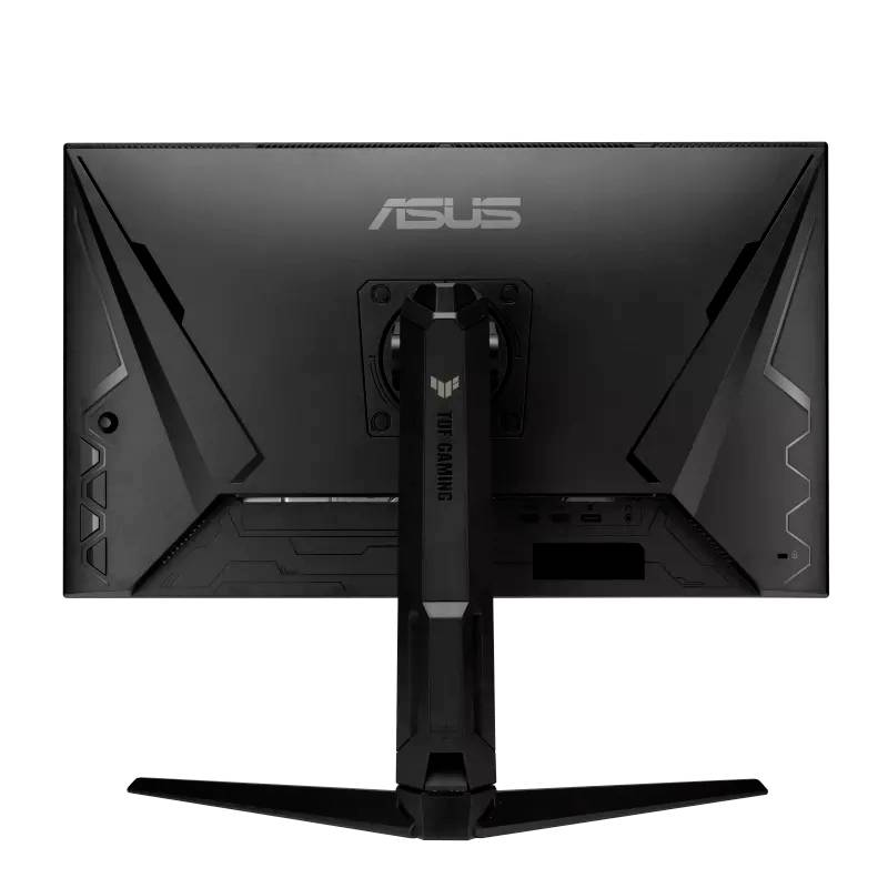 Achterkant van een zwarte ASUS gaming-monitor met opvallend design en robuuste standaard.