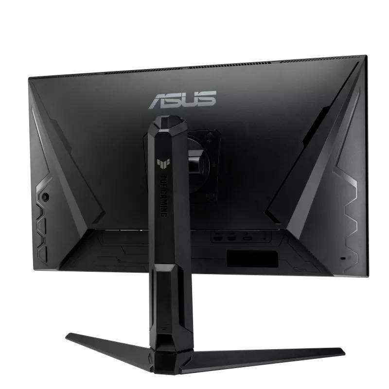 Achterzijde van een ASUS-pc-monitor met zwarte behuizing en stevig voetstuk.