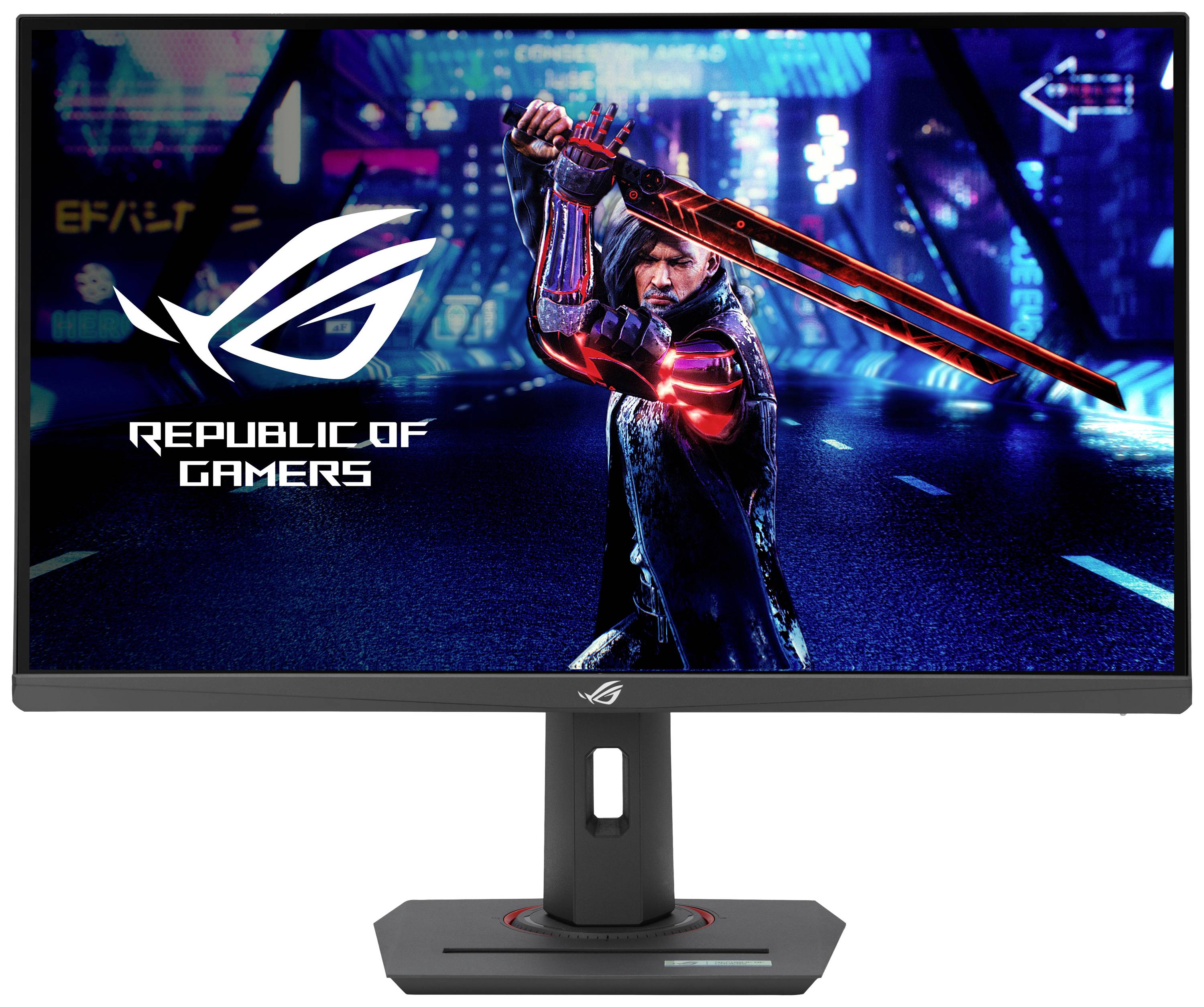 Een gaming-monitor van 'Republic of Gamers' toont een futuristische krijger met een oplichtend zwaard tegen een neon verlicht stadslandschap.