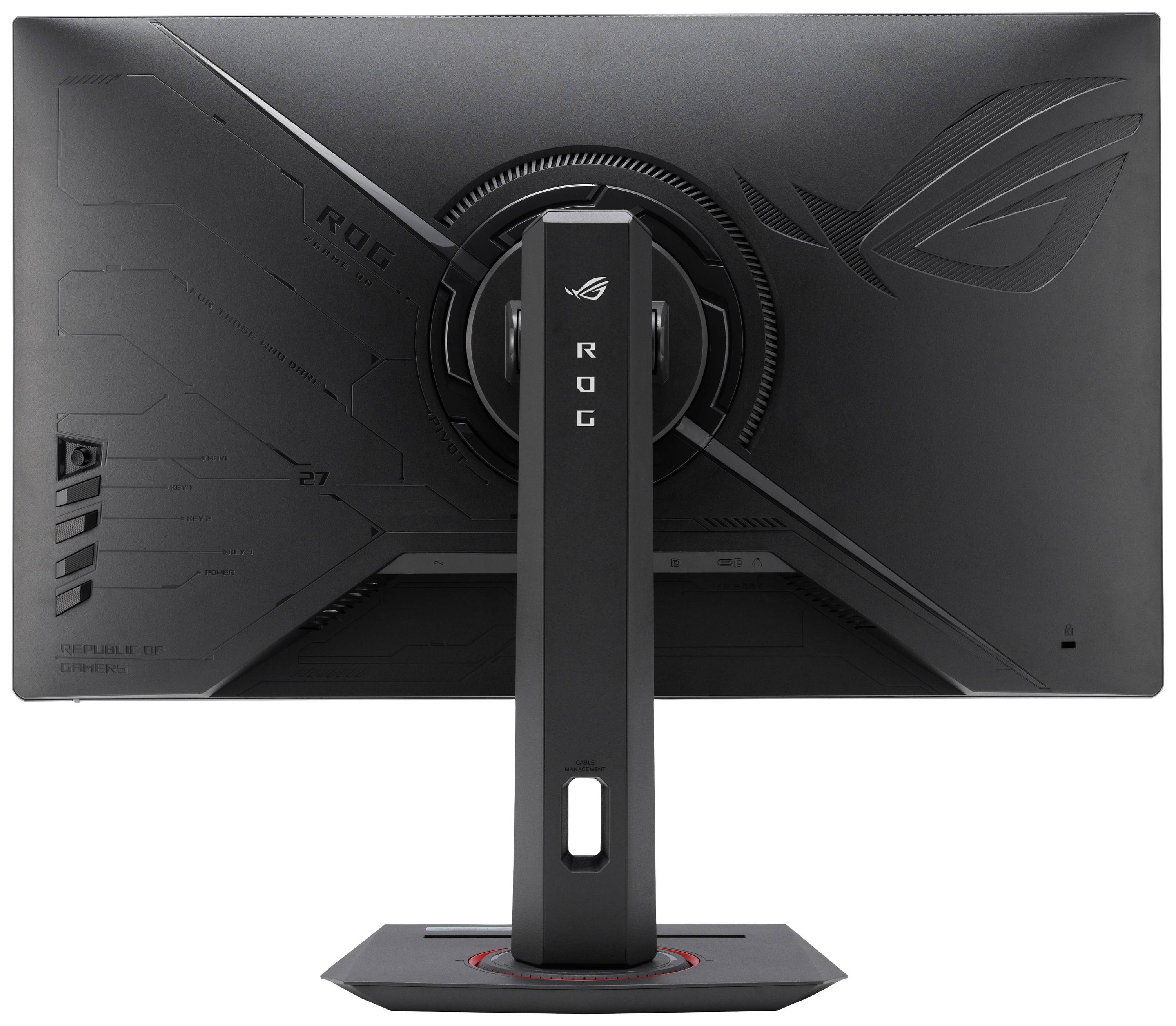 Een gaming-monitor van achteren, toont het logo op de achterkant en de stevige standaard.