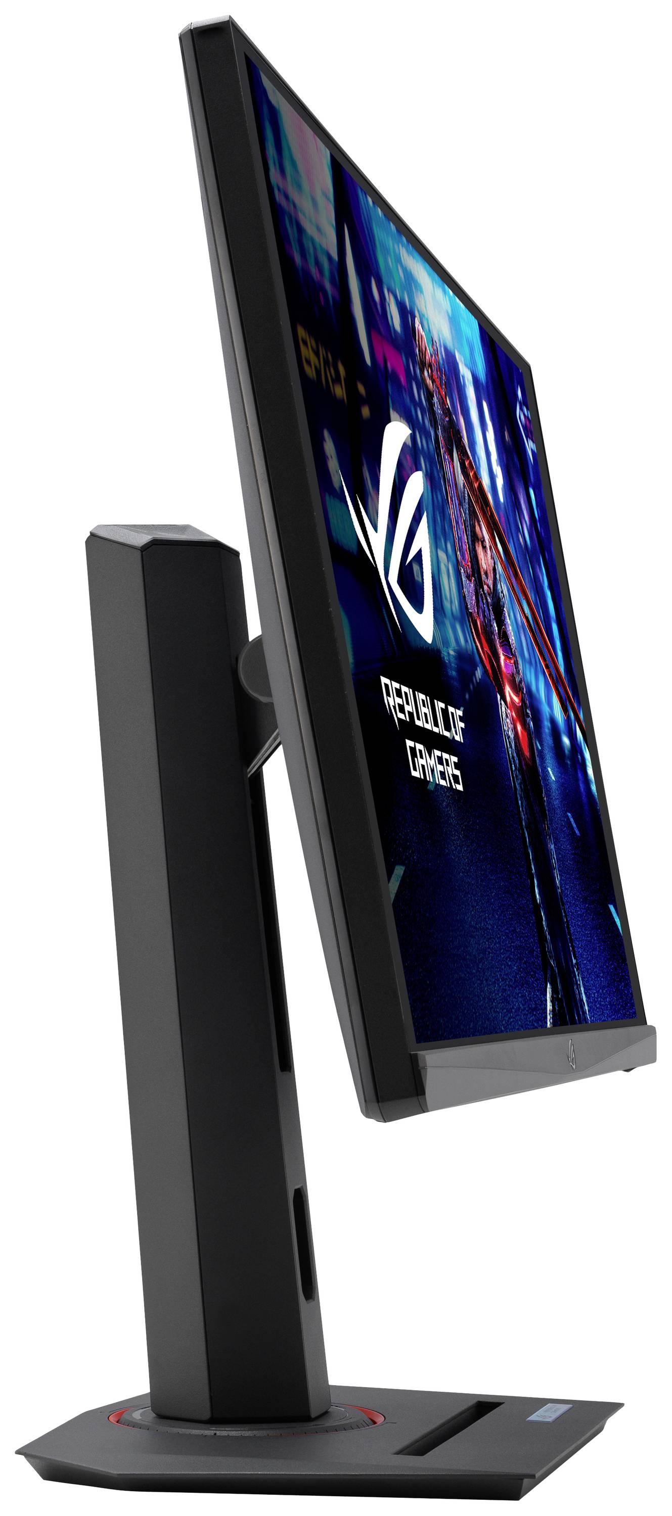 Een slanke computermonitor van opzij met een helder scherm dat een kleurrijk stadsgezicht weergeeft.