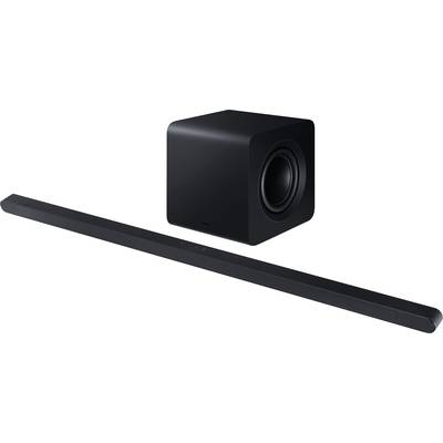 Soundbar en subwoofer in modern design. De soundbar is lang en smal; de subwoofer is kubisch van vorm. Geschikt voor thuisbioscoop.