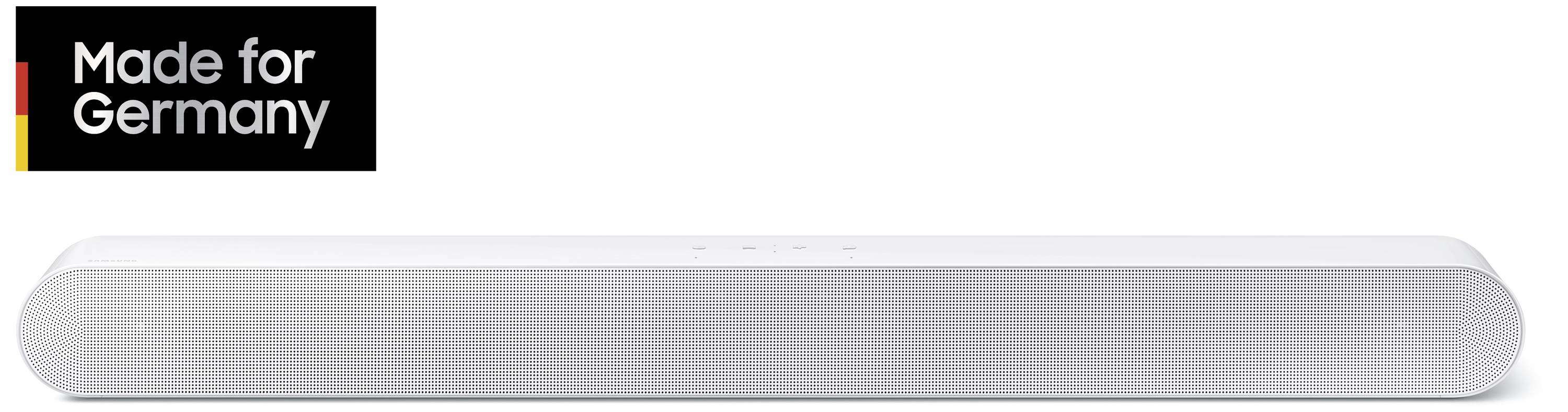 Witte soundbar op witte achtergrond. Links bovenaan een bord met de tekst 'Made for Germany' in zwart, rood en goud.